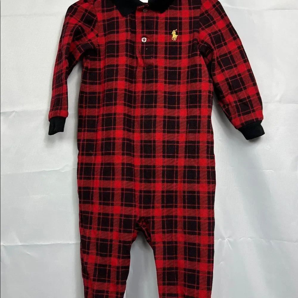 Ralph Lauren red and black plaid long sleeve knit jumpsuit size 12 months - Picture 3 of 11